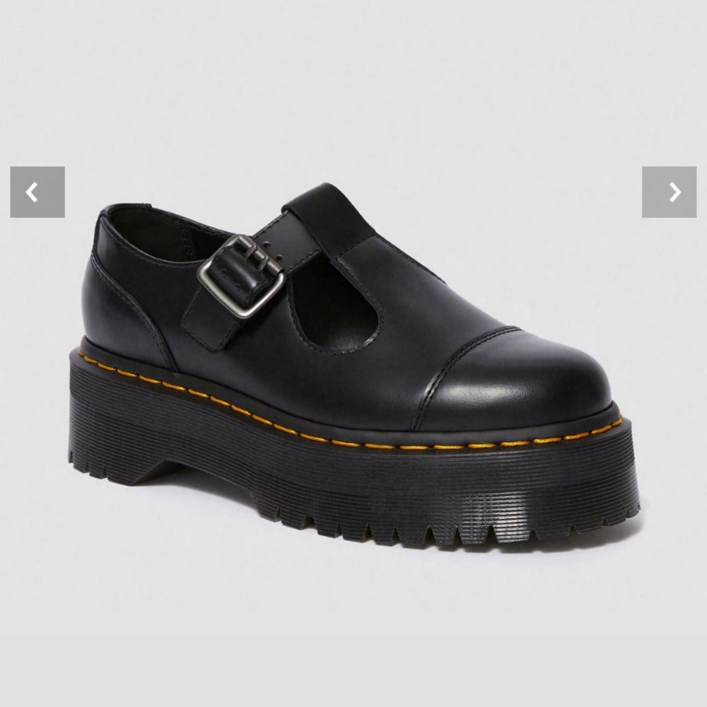 Dr. Martens Black Leather Platform Mary Jane / T strap with Yellow Stitching
